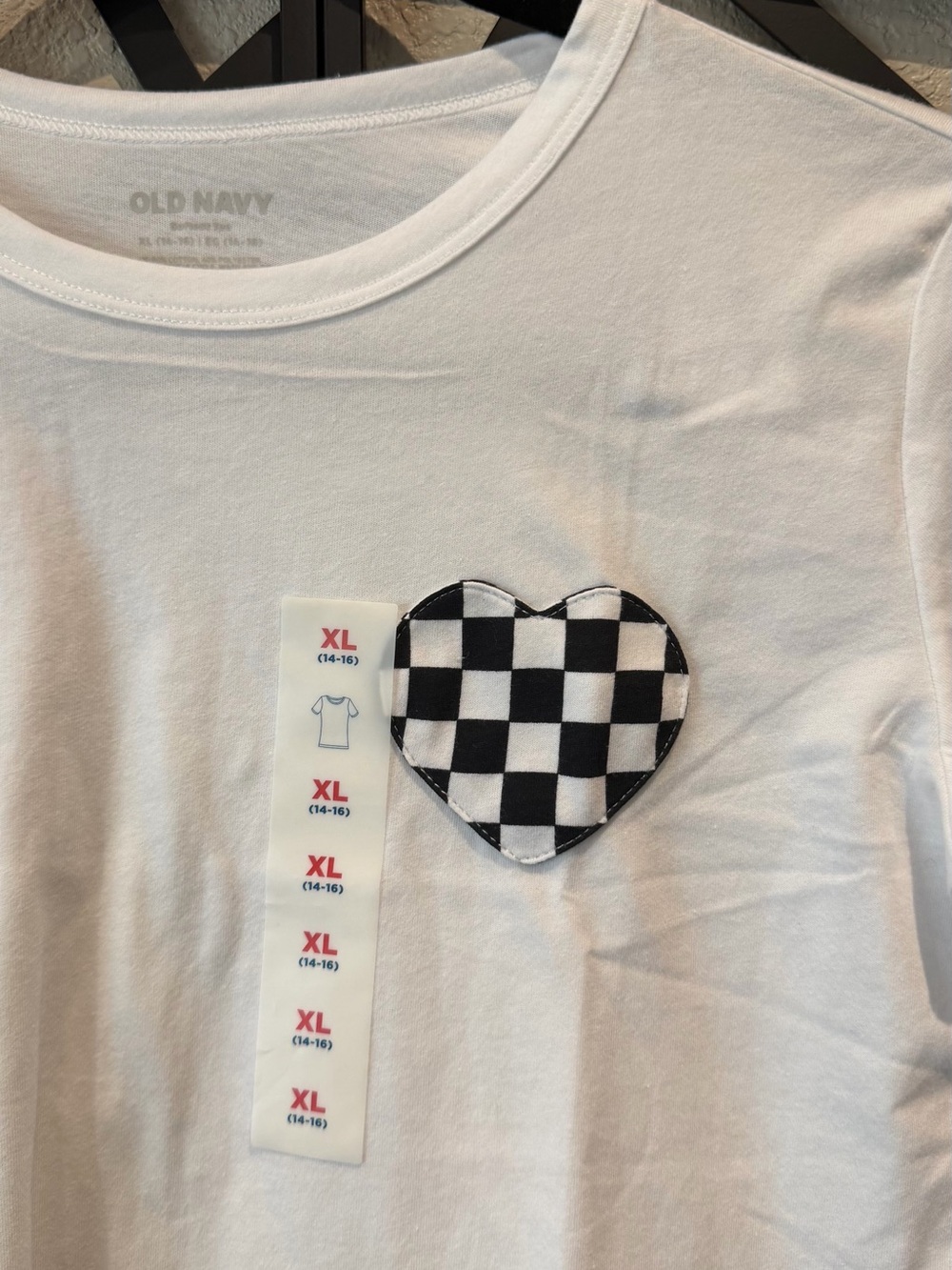 Old Navy White Short Sleeve Tee with Black & White Check Heart - Picture 3 of 5